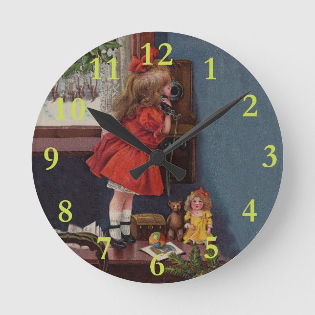 Christmas Little Girl Telephone Antique Round Clock (Front)