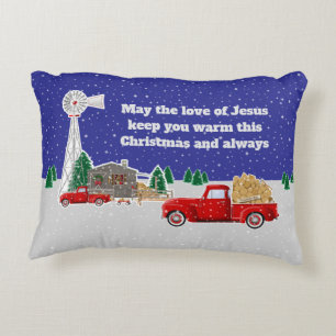 Christmas Little Red Truck with cabin and windmill Accent Pillow