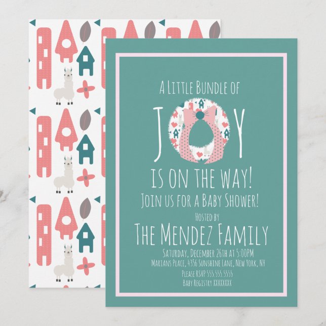 Christmas Llama Baby Shower Wreath Joy Bundle Invitation (Front/Back)