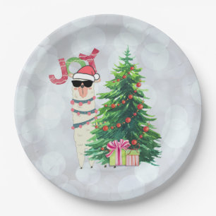 Christmas Llama Joy Typography Silver Bokeh Paper Plate