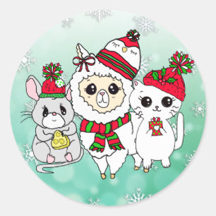 Christmas Llama, Kitten and Mouse Holiday Classic Round Sticker