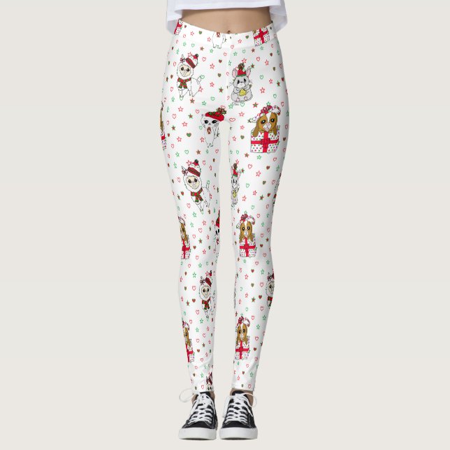 Christmas Llama, Kitten and Mouse Stars and Hearts Leggings (Front)