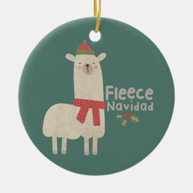 Christmas Llama Pun: Fleece Navidad Ceramic Ornament (Front)