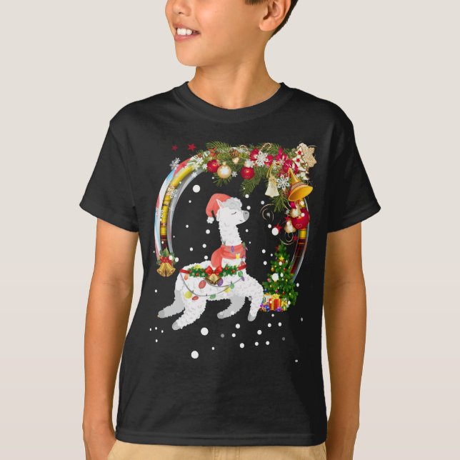 Christmas Llama Santa Hat Ugly Xmas Tree Alpaca T-Shirt (Front)