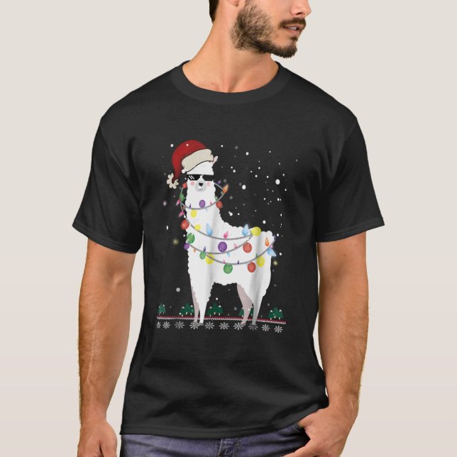 Christmas Llama Santa Hat Ugly Xmas Tree Alpaca T-Shirt (Front)