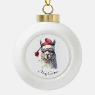 Christmas Llama Watercolor Santa Hat Custom Text Ceramic Ball Christmas Ornament