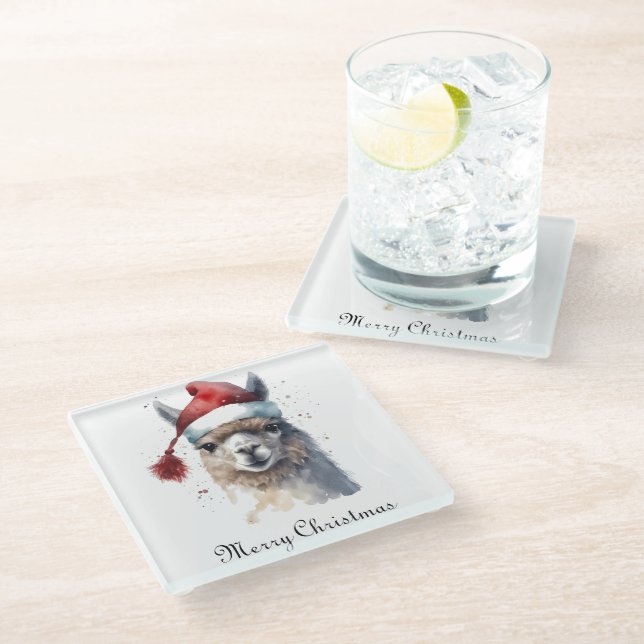 Christmas Llama Watercolor Santa Hat Custom Text Glass Coaster (Angled)