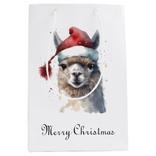 Christmas Llama Watercolor Santa Hat Custom Text Medium Gift Bag