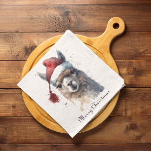 Christmas Llama Watercolor Santa Hat Custom Text Napkin