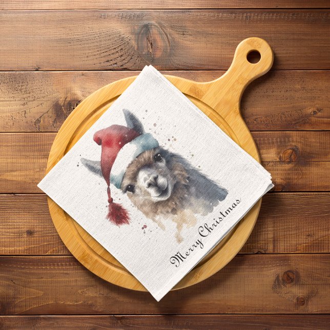 Christmas Llama Watercolor Santa Hat Custom Text Napkin (Creator Uploaded)