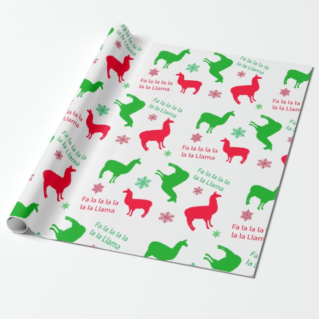 Christmas Llamas and Snowflakes Red and Green Wrapping Paper (Unrolled)