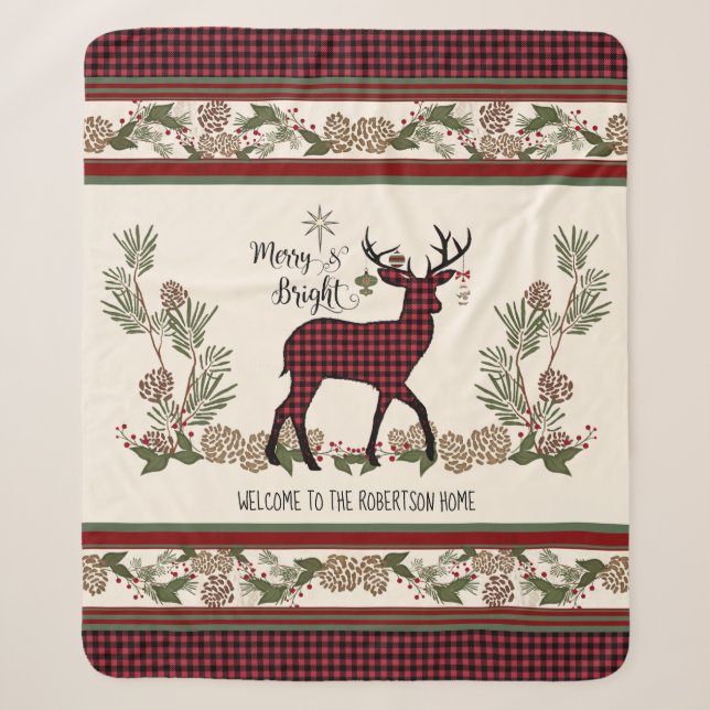 Christmas Lodge Merry Bright Deer Buffalo Plaid Sherpa Blanket (Front)