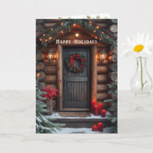 Christmas Log Cabin Pine Trees Red Poinsettia  Card