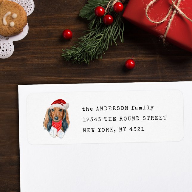 Christmas Long Haired Dachshund Dog Return Address (Creator Uploaded)