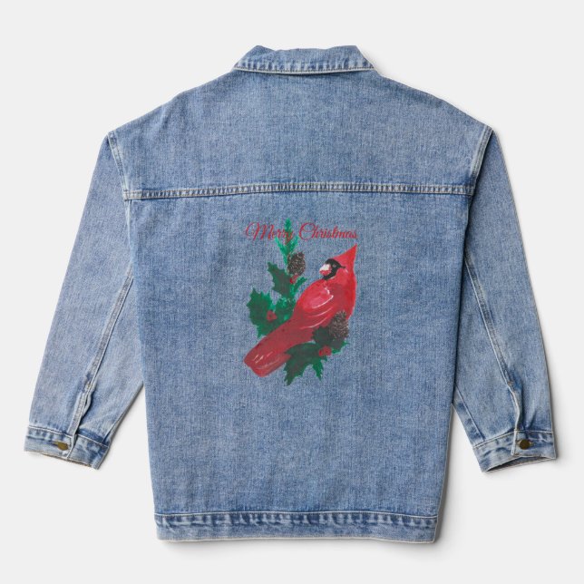 Christmas Long Sleeve Red Cardinal Holly Denim  Denim Jacket (Back)