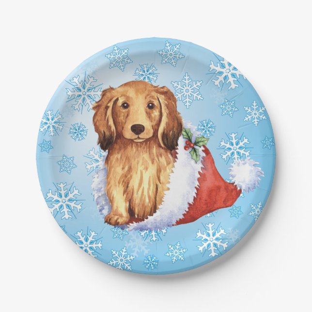 Christmas Longhaired Dachshund Paper Plate (Front)