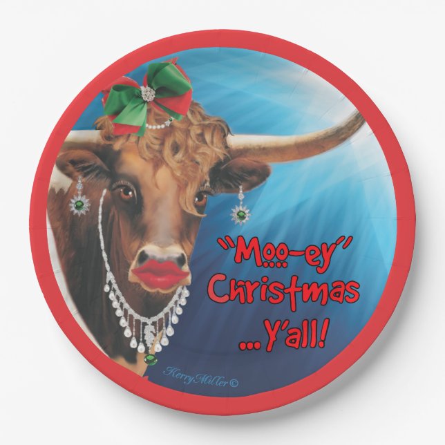 Christmas Longhorn Cow Paper Party Plates (Front)