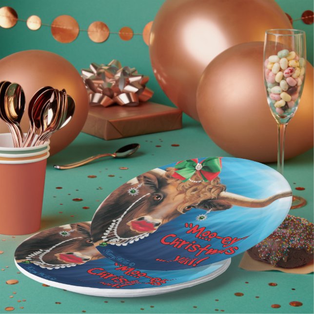 Christmas Longhorn Cow Paper Plates (Multi)