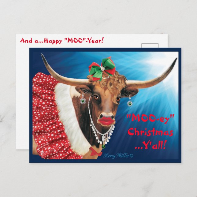 Christmas Longhorn Cow Postcard (Front/Back)