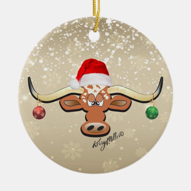 Christmas Longhorn Steer Ceramic Ornament (Front)