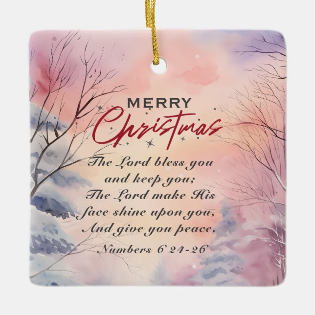 Christmas Lord Bless You Bible Verse Winter Scene  Ceramic Ornament (Front)