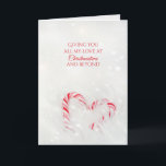 Christmas love candy cane heart card<br><div class="desc">Red and white striped Christmas candy cane heart in white fur with bokeh white hearts</div>