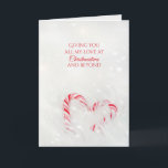 Christmas love candy cane heart card<br><div class="desc">Red and white striped Christmas candy cane heart in white fur with bokeh white hearts</div>