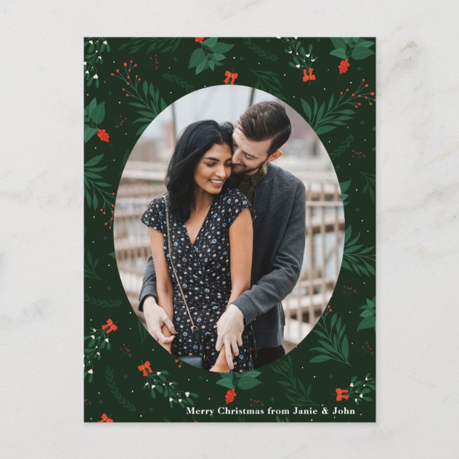 Christmas Love Couple Photo Chic Green Mistletoe Postcard (Front)