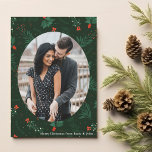 Christmas Love Couple Photo Green Mistletoe Leaf Holiday Card<br><div class="desc">Christmas kisses and holiday wishes abound with this festive and romantic mistletoe pattern card. Fill the classic oval with your favourite couple photo and add your custom Xmas message in white over the botanical green background.</div>