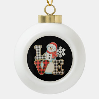 Christmas Love Cute Snowman Buffalo Plaid Winter Ceramic Ball Christmas Ornament