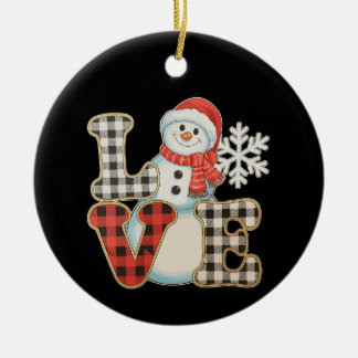 Christmas Love Cute Snowman Buffalo Plaid Winter Ceramic Ornament