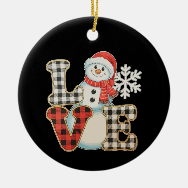 Christmas Love Cute Snowman Buffalo Plaid Winter Ceramic Ornament (Front)
