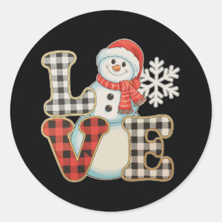 Christmas Love Cute Snowman Buffalo Plaid Winter Classic Round Sticker