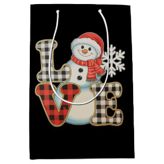 Christmas Love Cute Snowman Buffalo Plaid Winter Medium Gift Bag
