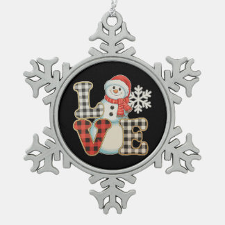 Christmas Love Cute Snowman Buffalo Plaid Winter Snowflake Pewter Christmas Ornament