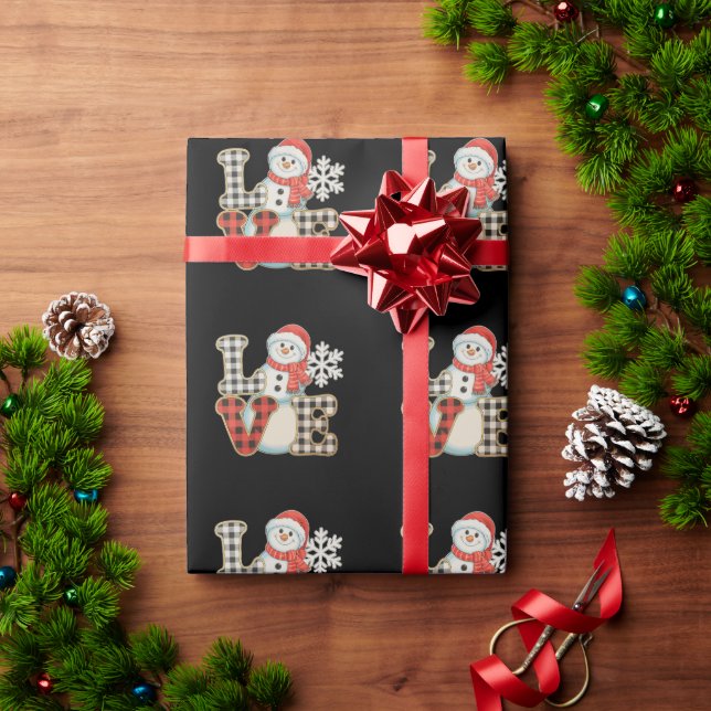 Christmas Love Cute Snowman Buffalo Plaid Winter Wrapping Paper (Holiday Gift)