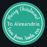 Christmas Love From Santa Bright Green Classic Round Sticker<br><div class="desc">This is a personalized love from Santa, Christmas design. It has a cute typography design in trending green with white stylish script typography. It has the message “To Alexandria Merry Christmas! Love from Santa xxx”. To personalize, simply add your loved one's name by using the personalize this text box. Here...</div>
