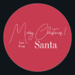 Christmas Love From Santa Modern Red Classic Round Sticker<br><div class="desc">This is a modern, Merry Christmas, Love from Santa, design. It is in festive red and white and has the message, "Merry Christmas! Love From Santa". Ideal for Santa's Christmas gift wrap, mailing accessories, envelope seals, and party favour seals this festive season. Keep it as it is, or customize with...</div>