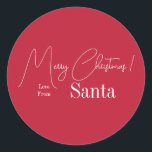 Christmas Love From Santa Modern Red Classic Round Sticker<br><div class="desc">This is a modern, Merry Christmas, Love from Santa, design. It is in festive red and white and has the message, "Merry Christmas! Love From Santa". Ideal for Santa's Christmas gift wrap, mailing accessories, envelope seals, and party favour seals this festive season. Keep it as it is, or customize with...</div>