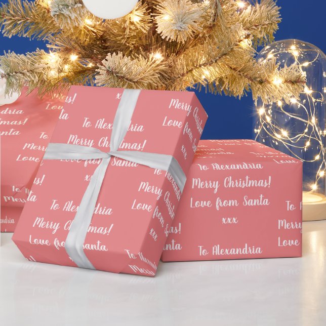 Christmas Love From Santa Personalized Coral Pink Wrapping Paper (Holidays)