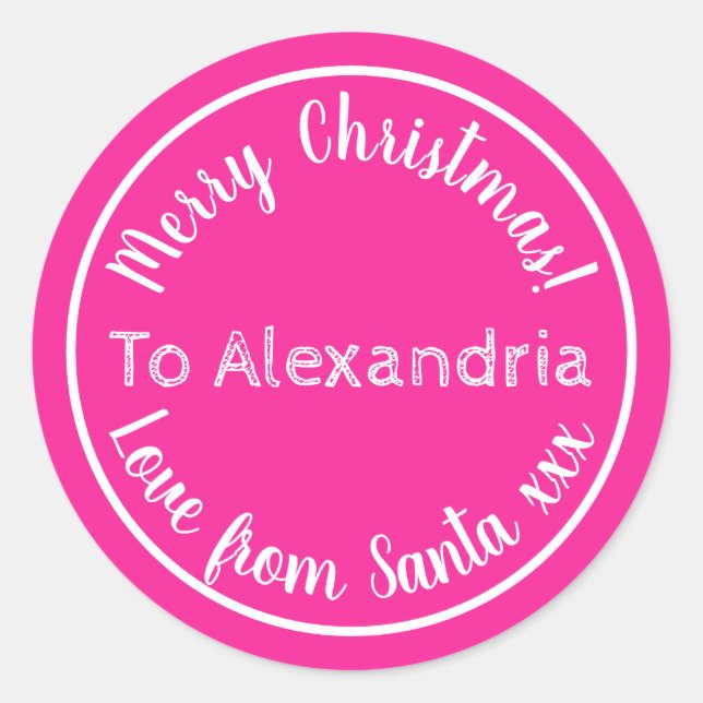 Christmas Love From Santa Personalized Hot Pink Classic Round Sticker (Front)