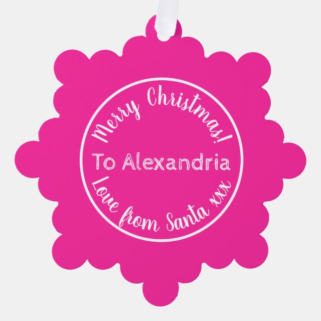 Christmas Love From Santa Personalized Hot Pink Ornament Card (Front)
