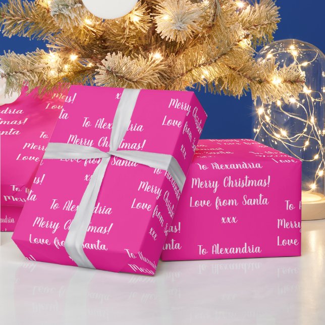 Christmas Love From Santa Personalized Hot Pink Wrapping Paper (Holidays)