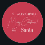 Christmas Love From Santa Red Personalized Classic Round Sticker<br><div class="desc">This is a peresonalized, modern, Merry Christmas, Love from Santa design. It is in festive red and white and has the message, "To Alexandria Merry Christmas! Love From Santa". Ideal for Santa's Christmas gift wrapping, envelope seals or party favours, this festive season. To personalize, simply add your name in the...</div>