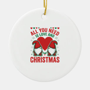 Christmas Love Heart Santa Gnome Design Ceramic Ornament