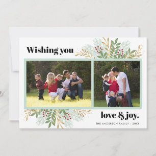 Christmas Love & Joy Greenery 3 Photo Holiday Card