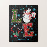 Christmas Love Nurse Cute Medical Snowman Name Jigsaw Puzzle<br><div class="desc">This modern design features the text "Love" in modern fun typography accented with a snowman nurse,  stethoscope,  snowflakes,  holly and candy canes. Personalized with your name by editing the text in the text box provided #nurse #nurselife #doctor #medical #health #christmas #puzzles #jigsawpuzzles #jigsaw #gamesnight #games #giftsfornurses #personalizedgifts</div>