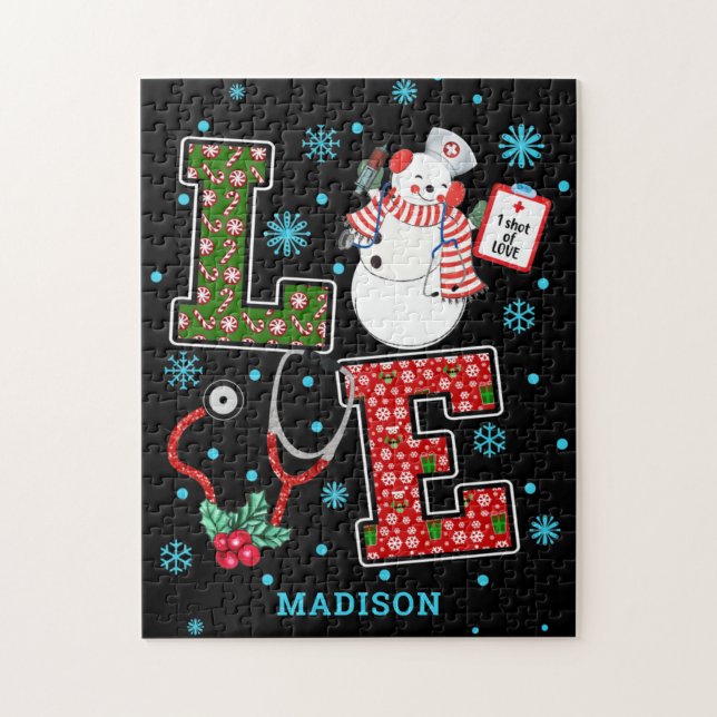 Christmas Love Nurse Cute Medical Snowman Name Jigsaw Puzzle (Vertical)