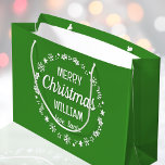 Christmas Love Santa Custom Name Green Large Gift Bag<br><div class="desc">Create your own 'Love,  Santa' gift bag with this fun and festive design. A stylish template,  personalized with the recipient's name and featuring an illustrated  border with snowflakes,  holly,  Christmas stockings and stars. An unique way of presenting a gift to someone special! Colours: green and white.</div>