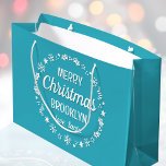 Christmas Love Santa Custom Name Teal Large Gift Bag<br><div class="desc">Create your own 'Love,  Santa' gift bag with this fun and festive design. A stylish template,  personalized with the recipient's name and featuring an illustrated border with snowflakes,  holly,  Christmas stockings and stars. An unique way of presenting a gift to someone special! Colours: blue-green teal and white.</div>